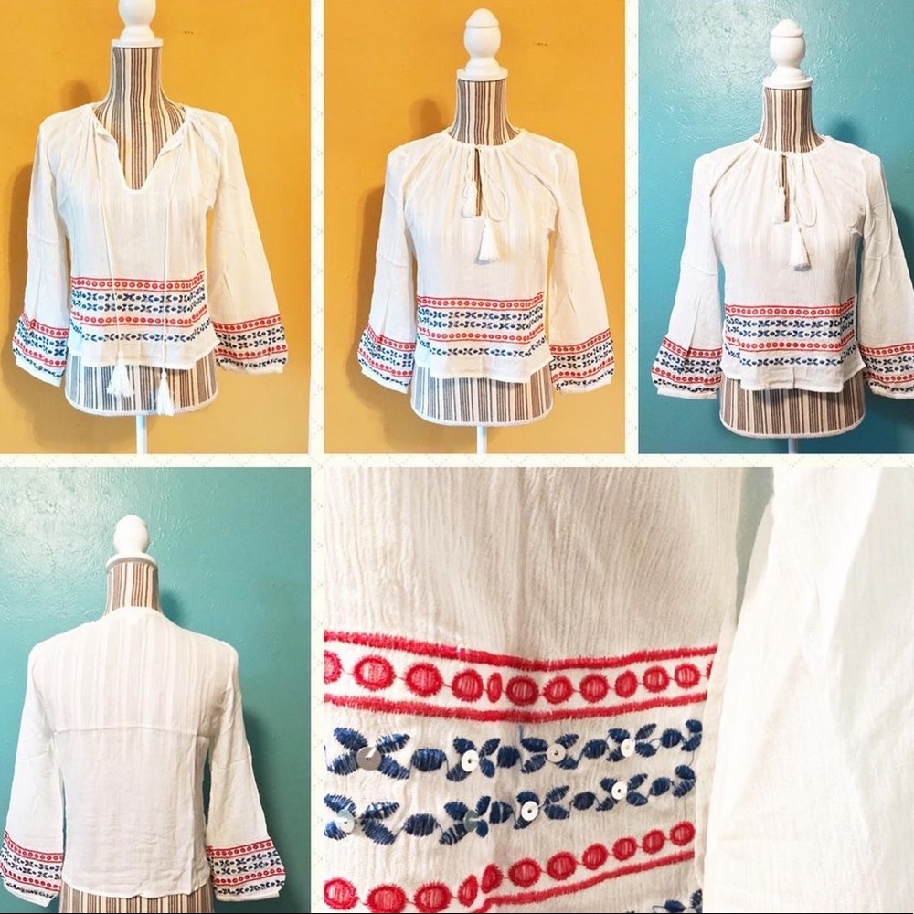Boho Peasant Top Embroidery Sequins Puff Sleeve Tassels White Red Blue S M L - Picture 4 of 14